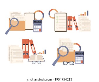 Office supplies set hard cardboard folders with iron rings office folders envelopes scrapbook accessories vector illustration on white background