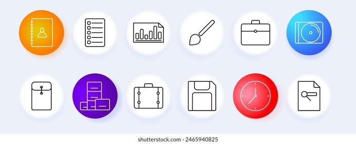 Office supplies set icon. Address book, checklist, graph, brush, briefcase, CD, envelope, boxes, suitcase, floppy disk, clock, document. Business and organization concept.