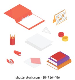 Office supplies set. Isometric vector illustration in flat design. Working from home, office, doing homework.