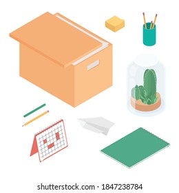 Office supplies set. Isometric vector illustration in flat design. Working from home, office, doing homework.