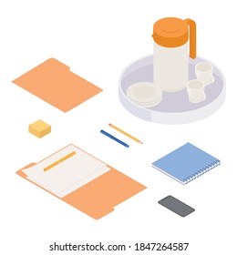 Office supplies set. Isometric vector illustration in flat design. Working from home, office, doing homework.