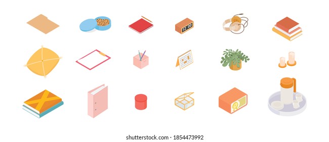 Office supplies set. Isometric vector illustration in flat design. Working from home, office, doing homework, school. 