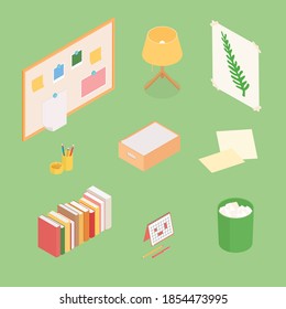 Equipo de suministros de oficina. Isometric vectorial ilustración en diseño plano. Trabajar desde casa, oficina, hacer deberes, escuela. 