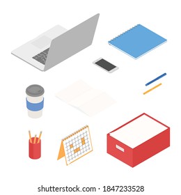 Office supplies set with laptop. Isometric vector illustration in flat design. Working from home, office, doing homework, school.