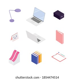 Office supplies set with laptop. Isometric vector illustration in flat design. Working from home, office, doing homework, school. 