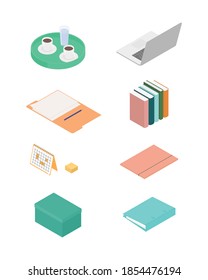 Office supplies set with laptop. Isometric vector illustration in flat design. Working from home, office, doing homework, school. 