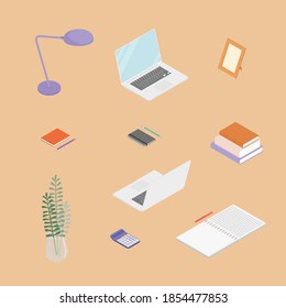 Office supplies set with laptop. Isometric vector illustration in flat design. Working from home, office, doing homework, school. 