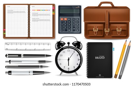 Office supplies set Vector realistic. Alarm clock, calculator, bag, note book and pen tools. Detailed 3d illustration