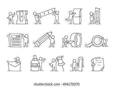 Office supplies set with working little people. Doodle cute miniature scenes of workers with stationery. Hand drawn cartoon vector illustration for business and school design.