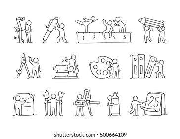 Office supplies set with working little people. Doodle cute miniature scenes of workers with stationery. Hand drawn cartoon vector illustration for business and school design.