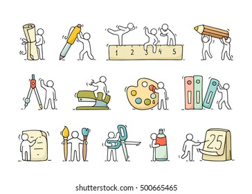 Office supplies set with working little people. Doodle cute miniature scenes of workers with stationery. Hand drawn cartoon vector illustration for business and school design.