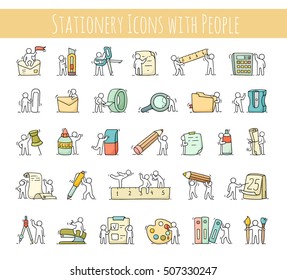 Office supplies set with working little people. Doodle cute miniature scenes of workers with stationery. Hand drawn cartoon vector illustration for business and school design.