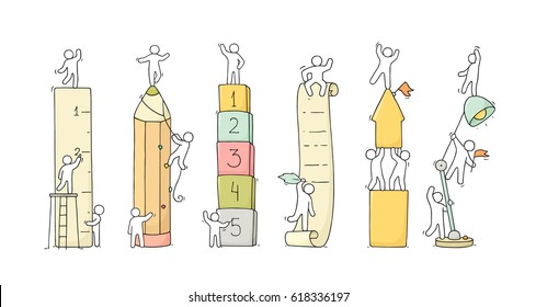 Office supplies set with working little people. Doodle cute miniature scenes of workers with stationery. Hand drawn cartoon vector illustration for business and school design.