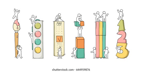 Office supplies set with working little people. Doodle cute miniature scenes of workers with stationery. Hand drawn cartoon vector illustration for business and school design.