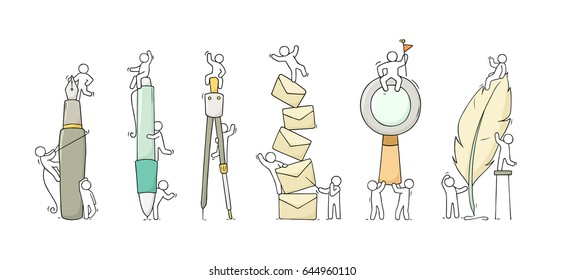 Office supplies set with working little people. Doodle cute miniature scenes of workers with stationery. Hand drawn cartoon vector illustration for business and school design.