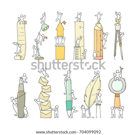 Office supplies set with working little people. Doodle cute miniature scenes of workers with stationery. Hand drawn cartoon vector illustration for business and school design.