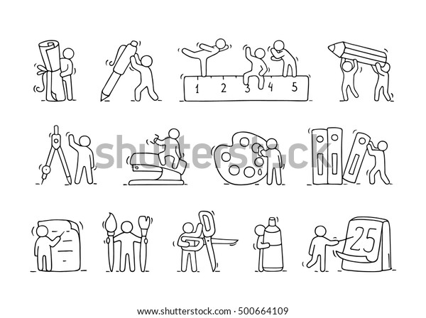 Office\
supplies set with working little people. Doodle cute miniature\
scenes of workers with stationery. Hand drawn cartoon vector\
illustration for business and school\
design.