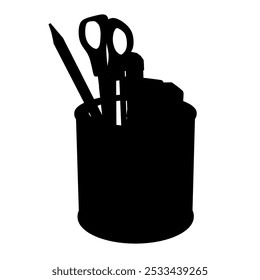 Office Supplies Silhouette. Pencil with stationery pen, scissors, pencils on a white background. School, office supplies. Vector illustration