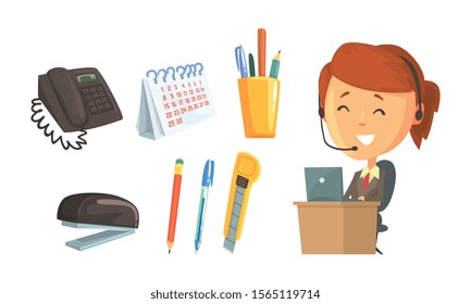 Office Supplies and Smiling Woman Wearing Headphones Working in Call Center Vector Illustration