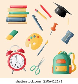 Office supplies. Stacks of books, writing supplies for the office and school. Back to school. Vector illustration