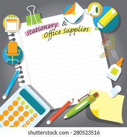 Office Supplies and Stationery with Blank Paper Background and Frame