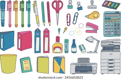 Office supplies stationery hand drawn illustration set