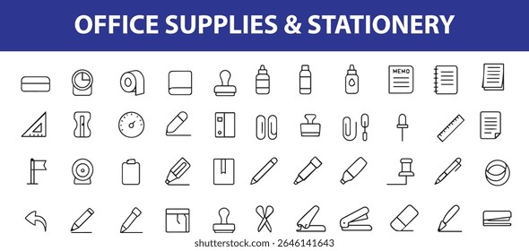 Office Supplies and Stationery Icons , Pen, Ruler, Eraser, Stapler, Sticky Notes, Paperclip, and More , Editable Formats: EPS, JPG
