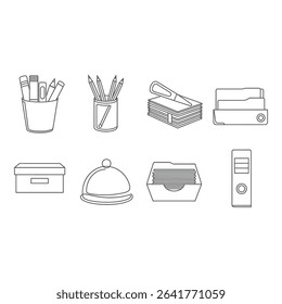 Office supplies and stationery isolated on white background in outline