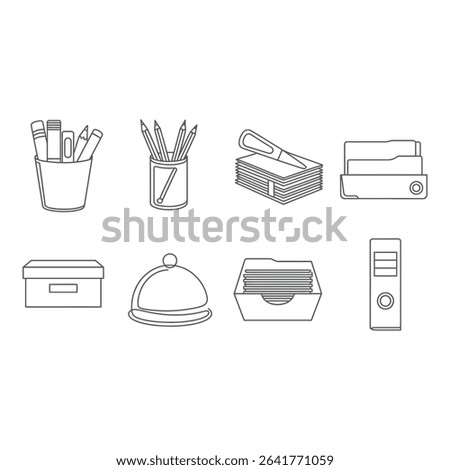 Office supplies and stationery isolated on white background in outline