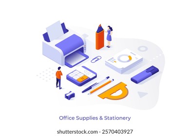 Office Supplies and Stationery isometric conceptual template. Corporate employees with different accessories and printer. Inventory of paperwork webpage design vector illustration. Company work