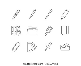 Office supplies, stationery line icons set with pencil, highlighter, folders, brush, notebook, paper clip, color guide, push pin, tape dispenser.