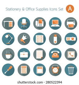 Office Supplies and Stationery Objects Flat Icons Set A