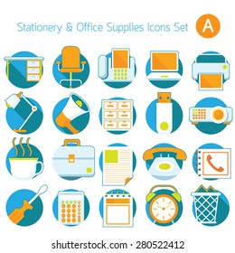Office Supplies and Stationery Objects Icons Set A