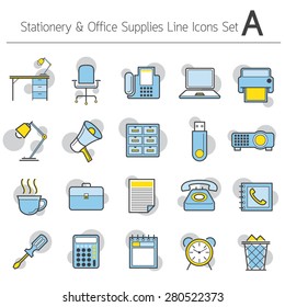 Office Supplies and Stationery Objects Linear Icons with Colors Set A