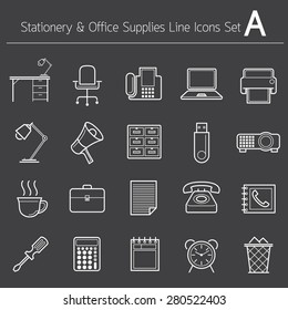 Office Supplies and Stationery Objects Linear Icons Set A