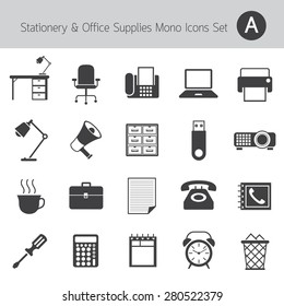 Office Supplies and Stationery Objects Mono Icons Set A