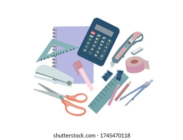 Office supplies and stationery on white background with copy space.