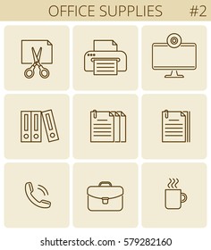Office supplies and stationery outline icons: printer, monitor, document, briefcase, cup. Vector thin line business and education symbol set. Infographic signs for web, presentations, social network.