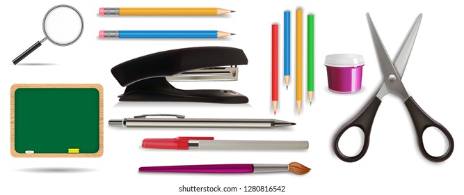 Office Supplies Stationery Set, Blackboard, Chalk, Sponge, Paint Brush, Gouache, Pen, Mechanical and Wooden Colour Pencils, Rubber Eraser, Loupe, Stapler, Scissors, Realistic Vector 3D Illustration   