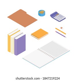 Office supplies and stationery set. Isometric vector illustration in flat design. Working from home, office, doing homework.