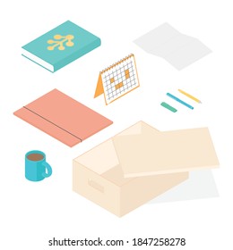 Office supplies and stationery set. Isometric vector illustration in flat design. Working from home, office, doing homework, school.