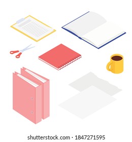 Office supplies and stationery set. Isometric vector illustration in flat design. Working from home, office, doing homework.
