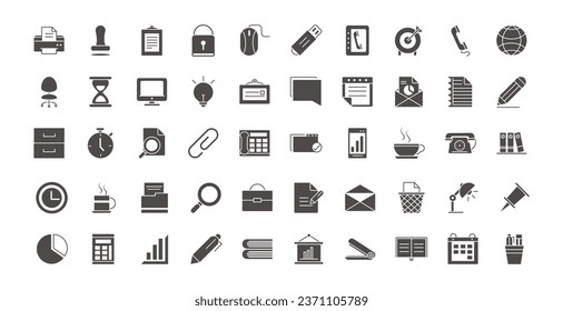 Office supplies and stationery silhouette icon set
