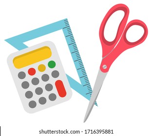 Office supplies for study and work on white background. Calculator to do calculations and ruler to draw lines. Scissors to cut paper vector. Back to school concept. Flat cartoon