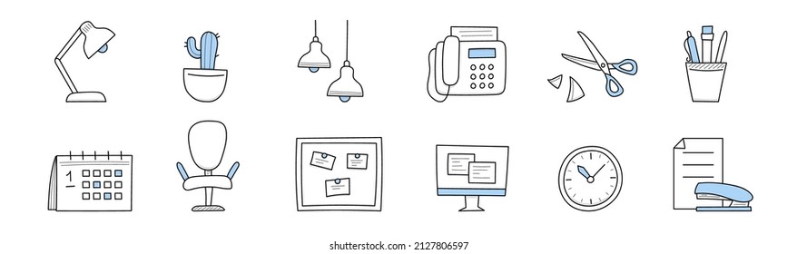 Office supplies and stuff doodle icons. Cactus in pot, table and ceiling lamps, fax machine, scissors, pens or pencils, calendar, armchair, board with sticks, clock or stapler Line vector illustration