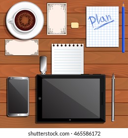 Office supplies, tablet, plan, smart phone, office paper, business cards on the table