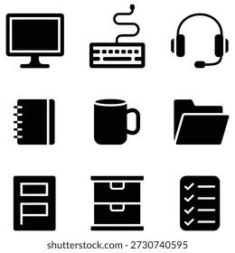 Suministros de oficina e iconos de tecnología monitor de computadora