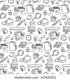 Office supplies theme seamless background in doodle style