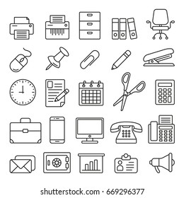 Office supplies: thin monochrome icon set, black and white kit