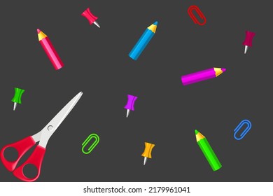 Office supplies vector background. Colored pencils, scissors, paper clips and office pins in realistic style